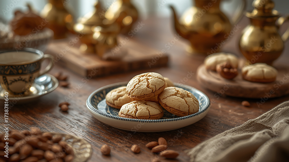 Fototapeta premium Traditional Cracked Almond Ghriba Cookies on a Ceramic Plate, with Moroccan Tea Set Background, Capturing a Maghrebi Dessert Tea Time in Landscape