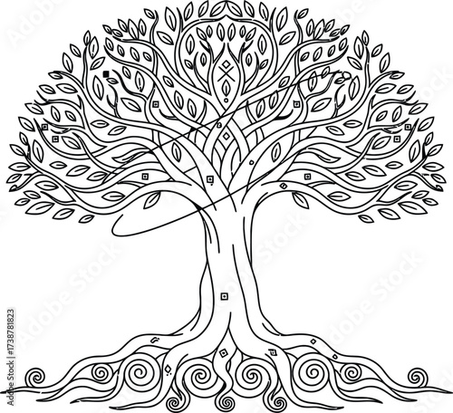 Intricate black and white line art drawing of a stylized tree of life with swirling roots and patterned leaves on a white background