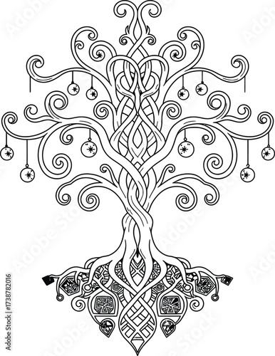 Ornate Celtic Tree of Life with Swirling Branches and Star Ornaments vector illustration