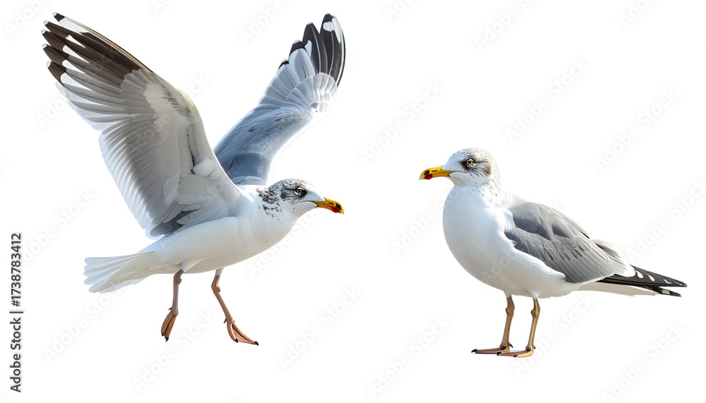 Fototapeta premium ;Two Distinct Seagulls Side by Side in Contrasting Styles isolated on transparent background.