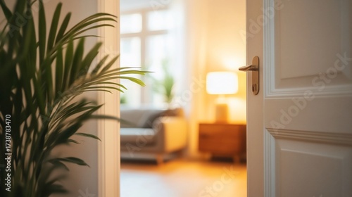 Open door reveals cozy living room, plant in foreground