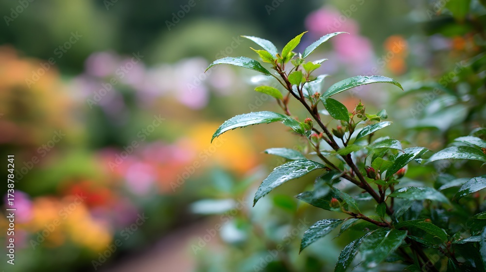 Obraz premium Dew-kissed leaves of a vibrant green shrub display a captivating , set against a softly blurred backdrop of colorful blooms and lush foliage within a serene garden.