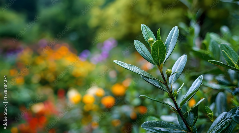 Obraz premium Detailed showcases a vibrant green leafy stem with small buds, creating a focus on the plant against a soft blurred background of colorful flowers in a natural garden setting.