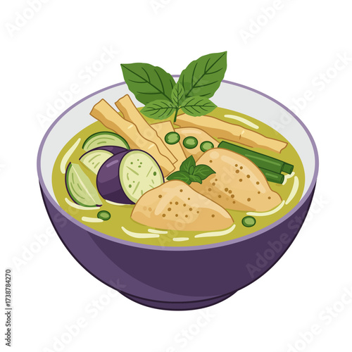 Flat Design Thai Green Curry Bowl, Vector Illustration with Bold Outlines, Isolated on White Background