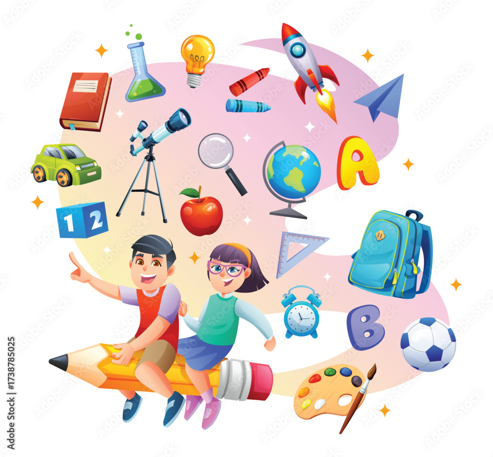 Fototapeta premium Happy children riding a flying pencil surrounded by various learning objects, school supplies, and different subjects. Vector cartoon illustration
