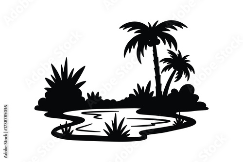 Tropical oasis landscape silhouette