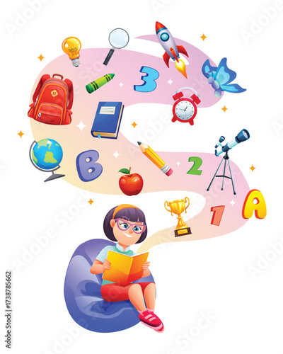 Girl reading a book with her imagination creating a swirling flow of school and academic objects above her. Vector cartoon illustration
