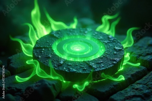 Ethereal green fire swirls around obsidian disc , circle, whirlpool, spiritual