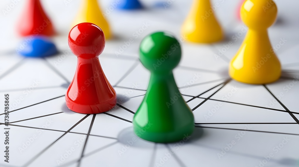 Obraz premium Colorful game pieces on interconnected grid symbolize strategy and connections
