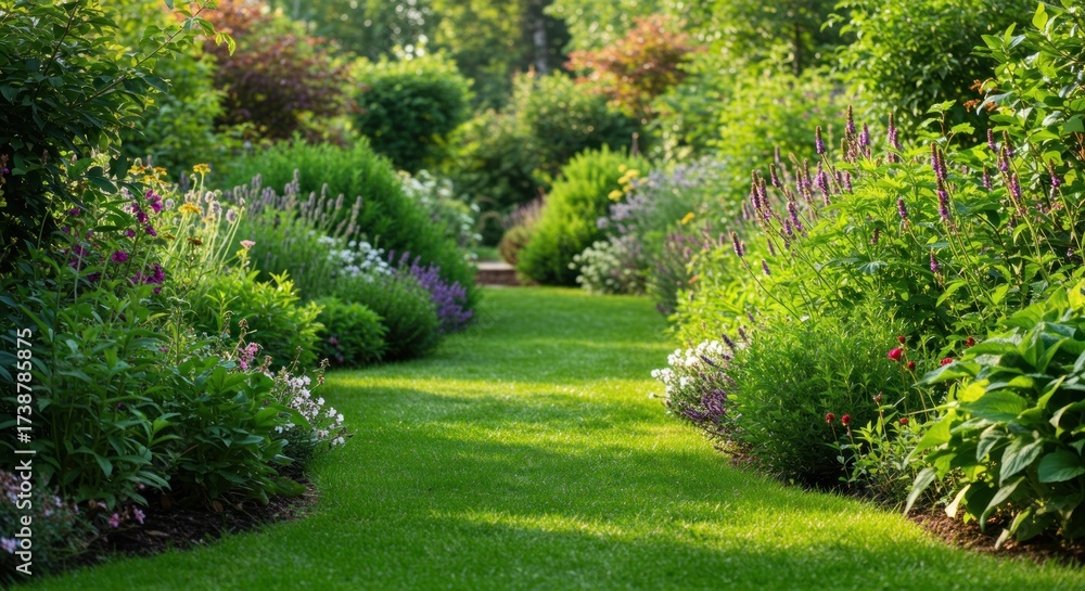 Fototapeta premium Lush green grass path leads through a vibrant garden, surrounded by colorful flowers, blossoming shrubs, and verdant trees, creating a picturesque and tranquil landscape on a sunny day.