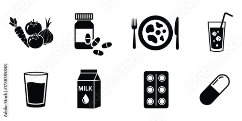 Vegetables, bottle of pills, dinner plate, glass of drink