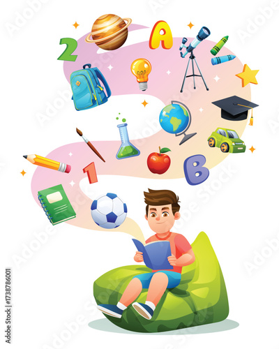 Boy reading on a bean bag chair with his imagination creating a swirl of school and space objects above him. Vector cartoon illustration