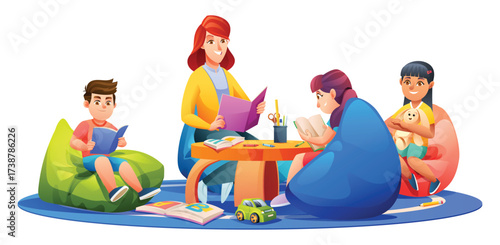 Happy teacher reading to three children who are comfortably seated on colorful bean bag chairs in a classroom. Vector cartoon illustration