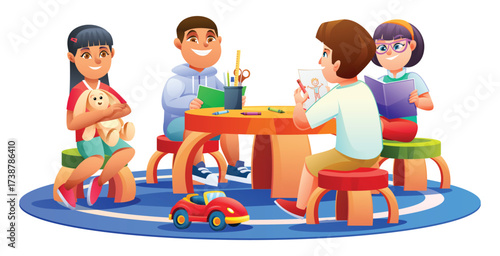 Four children drawing, reading, and playing with a toy car around a small table in a cheerful classroom setting. Vector cartoon illustration