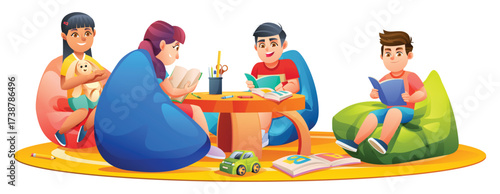 Four children reading and playing with a toy car and books, comfortably seated on colorful bean bag chairs in a classroom. Vector cartoon illustration