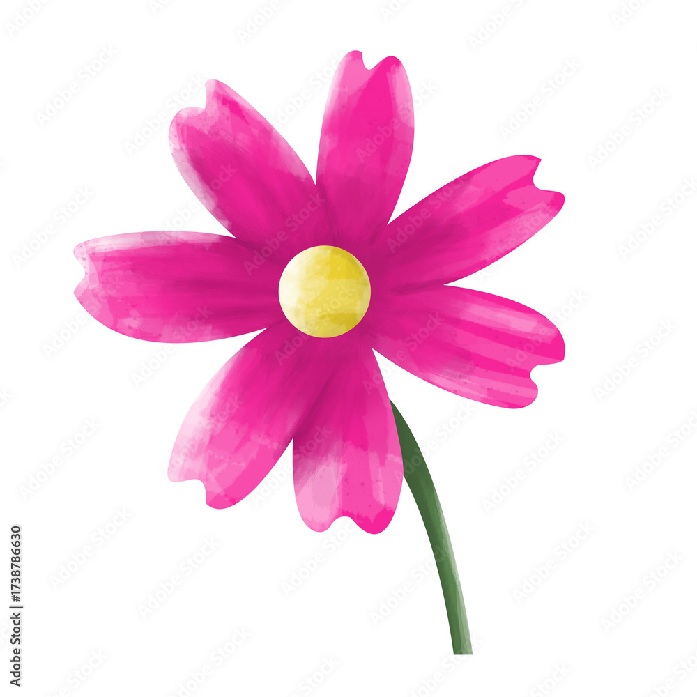 Obraz premium Digital art: A vibrant pink cosmos flower with a yellow center and green stem, isolated on a white background, soft lighting, cheerful mood. 