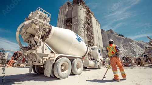 Bilde på lerret Concrete mixer truck and a construction worker are featured on a construction site with large concrete silos and mountainous landscape under a partly cloudy, blue sky, conveying industry