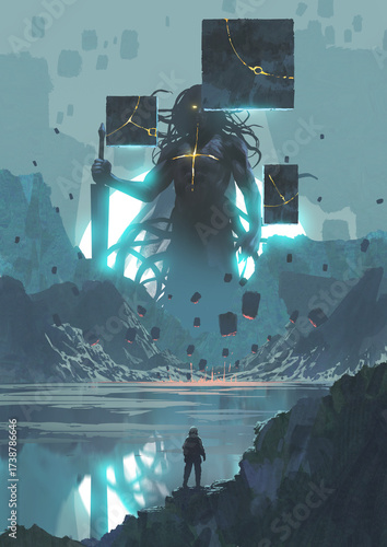 An astronaut stands before a colossal glowing entity rising from a lake surrounded by floating black monoliths, digital art style, illustration painting