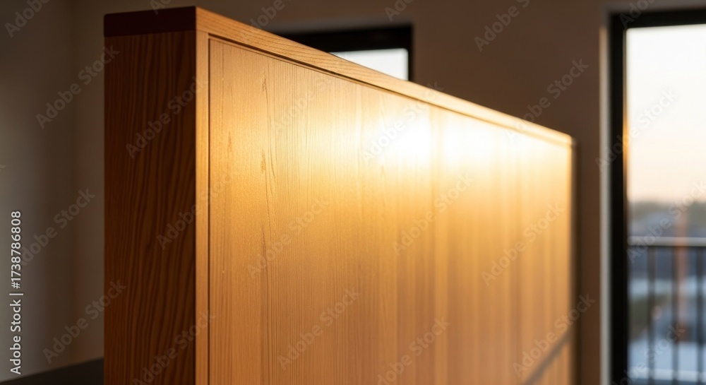 Fototapeta premium Detailed shot of a wooden panel, showcasing the natural wood grain and texture illuminated by warm, natural light.