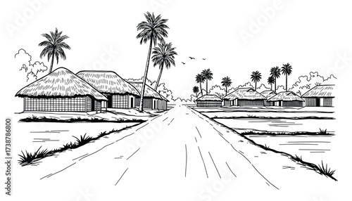 Village with thatched houses and palm trees sketch