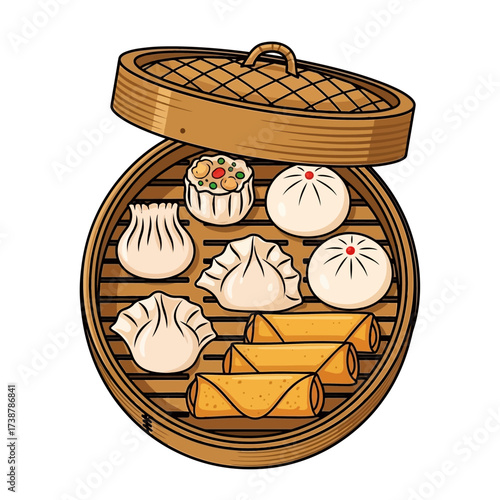Flat Design Chinese Dim Sum Basket, Vector Illustration with Bold Outlines, Isolated on White Background