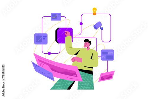 Flat illustration of a person interacting with a digital interface
