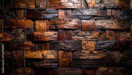 Rustic Woven Wood Wall Texture with Rich Brown Tones.