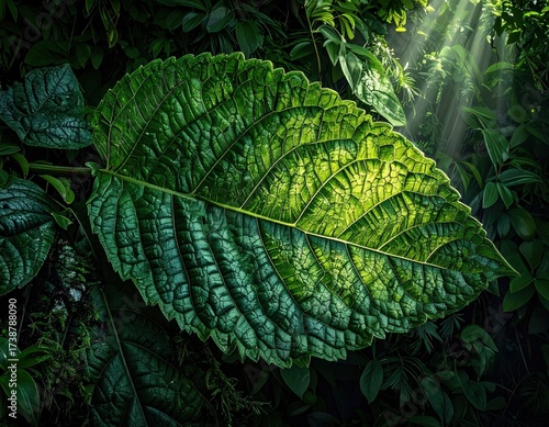 Sunlit Leaf in Lush Green Forest CloseUp View.
