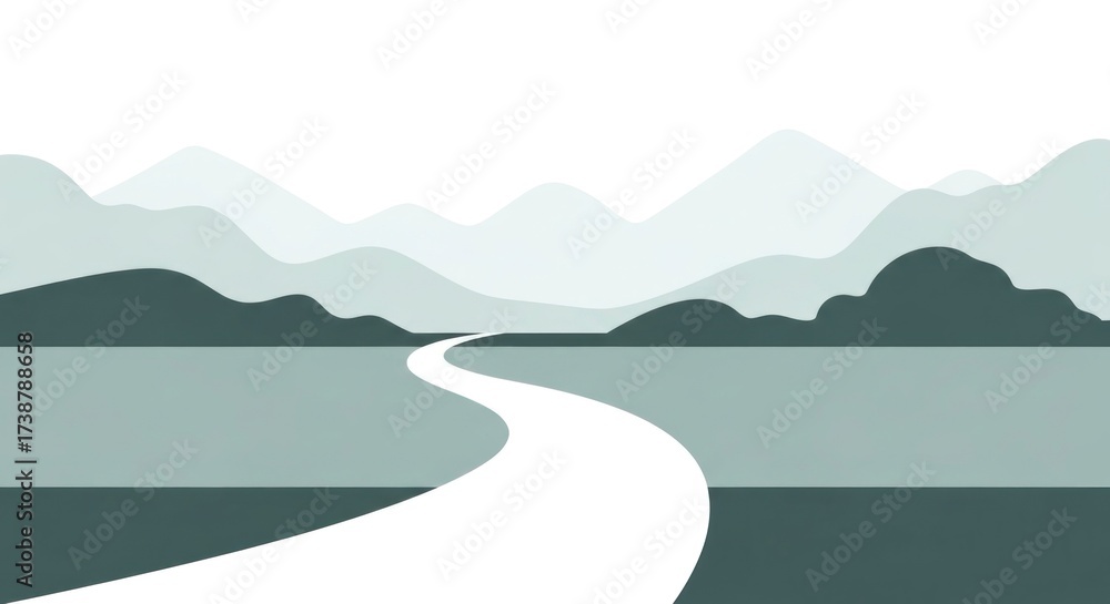 Obraz premium The image features a minimalist landscape composition, showcasing a winding white road leading towards distant mountains.