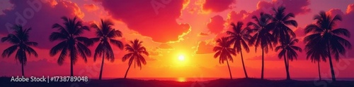 Fiery orange and purple sunset, silhouetted palm trees against vibrant sky, palm silhouette, majestic, nature
