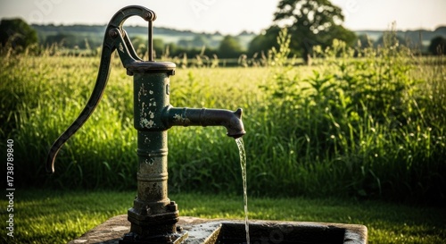 Antique water pump provides clear, fresh water in a serene, grassy field during daytime, showcasing lush greenery and a vibrant, natural environment with flowing water as a testament to nature's...