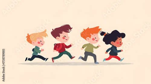 Illustration of five happy children running together on a beige background.