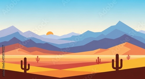 Vibrant flat design illustration depicts a desert landscape with layered mountains in the distance, showcasing a warm, sunset sky, and stylized cacti in the foreground, evoking a sense of calm and...