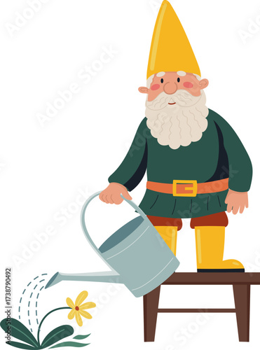 Gnome watering a yellow flower on a stool