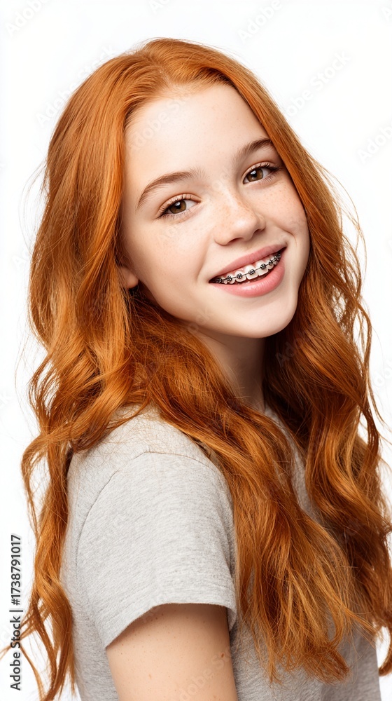 Naklejka premium Bright and cheerful young girl with long wavy red hair and braces, smiling happily against a clean white background. Perfect image for promoting joy and youthfulness.