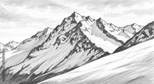 Majestic pencil sketch depicts a snow-covered mountain range, showcasing sharp peaks, dramatic shadows, and a sense of depth against a cloudy sky, creating an engaging landscape illustration.