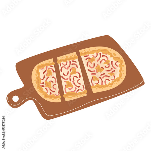 Flatbread pizza with toppings on a wooden board sliced into three pieces