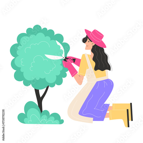 Gardener pruning a lush green tree with pink gloves and hat