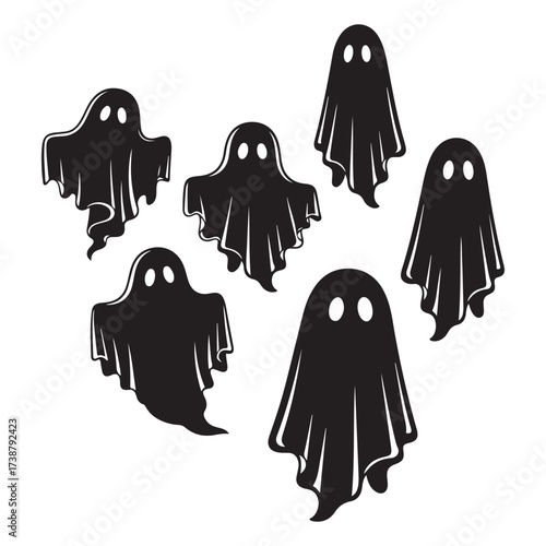 A spooky collection of six black silhouette ghosts with glowing white eyes for halloween decorations and designs