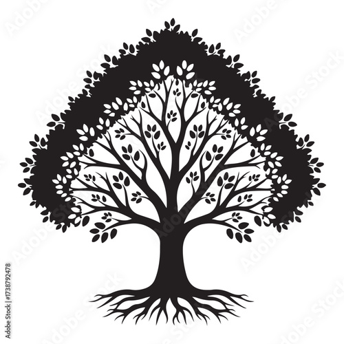 A stark black silhouette of a mature deciduous tree with a strong trunk spreading branches and a dense canopy of leaves and visible roots on a white background