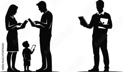 Digital lifestyle, family technology use, modern communication devices, smartphone addiction, tablet interaction, laptop multitasking, generational tech habits 