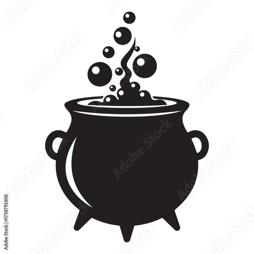Black silhouette of a bubbling cauldron with steam rising symbolizing magic potions and halloween celebrations