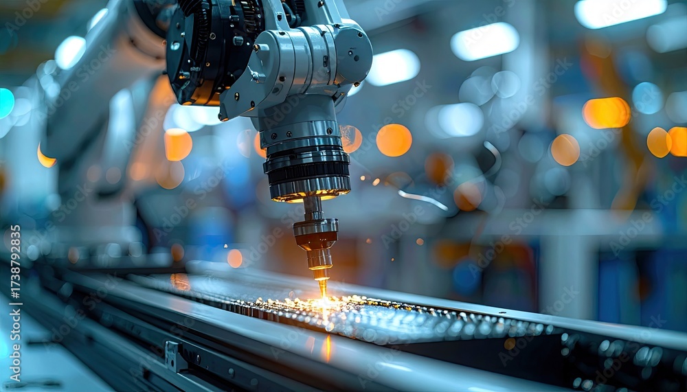 Fototapeta premium Robotic Arm Sparks Metalworking Detail in Factory Production Line
