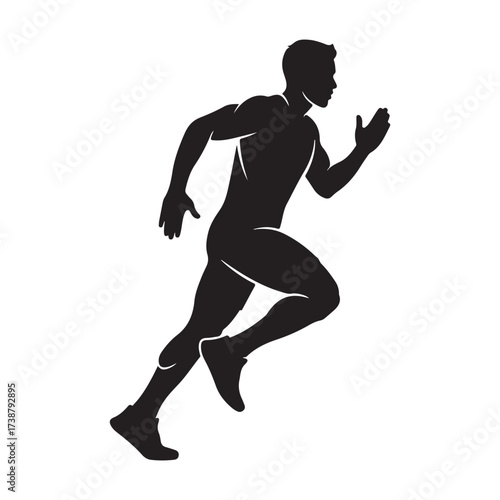 Dynamic silhouette of a muscular male athlete in full stride during a sprint race on a white background