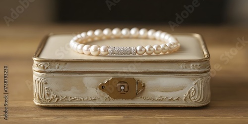 Elegant pearl bracelet on vintage jewelry box, luxurious gift idea, pearl jewelry