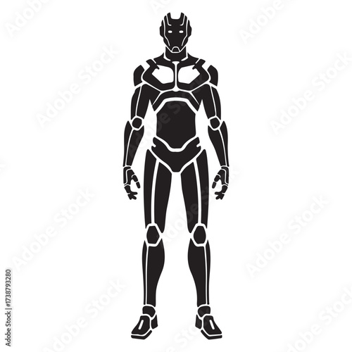 Futuristic humanoid robot standing upright in a sleek black metallic exoskeleton with glowing blue accents on white background