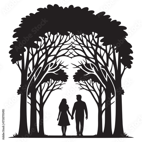 Optical illusion of a couple walking hand in hand beneath a silhouette of trees forming a human face