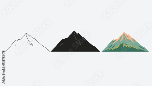 Vector art of three mountain peak icons in different styles