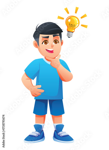 Young boy stands thoughtfully with his hand on his chin, contemplating a new idea with a lightbulb above. He looks focused and smart. Vector cartoon illustration