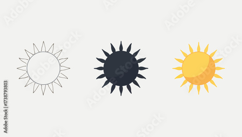 Vector art of three sun icons in different styles summer sun symbol